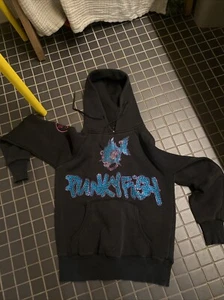 Punky Fish Womens Black Hoodie XS Blue Pink Sequin Studded Logo Cotton-mix Y2K - Picture 1 of 7