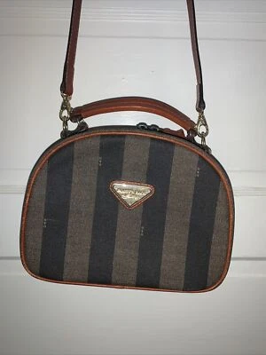 VINTAGE BOOTS N’ BAGS HARD SHOULDER BAG REMOVABLE STRAP STRIPED BROWN LEATHER - Image 1 of 4