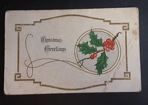 1916 Merry Christmas Greetings Holly Branch w/ Berries Embossed Antique Postcard - Picture 1 of 2