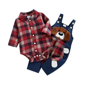 Baby Boy Clothes Infant Outfits Long Sleeve Plaid Bodysuit Romper + Jeans Ove... - Picture 1 of 9