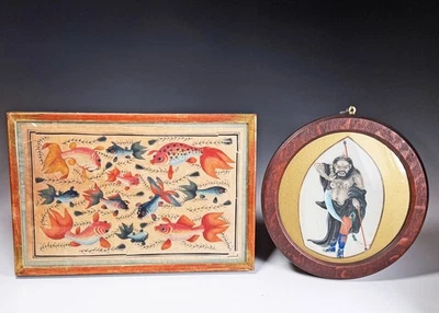 Dos pinturas antiguas chinas de papel de arroz de médula de pescado y figura Foto 1 de 4
