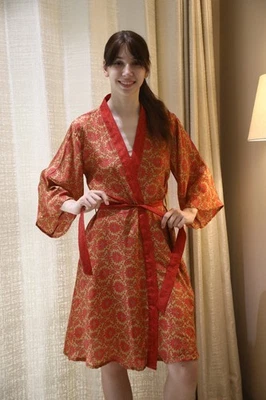 Pure Silk Midi Kimono Robe Knee Length Gown Silk Kimono Robe Golden PS MKMO2152 - Image 1 of 4