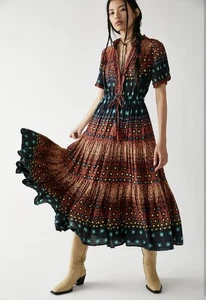 Free People Maxikleid Damen Small mehrfarbig marineblau rostfarben Stufen Rüschenfalte neu ohne Etikett - Bild 1 von 16