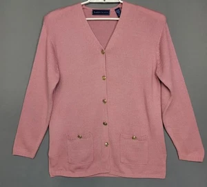 Karen Scott Sweater Womens Medium Pink Button Front Cardigan Pockets V-Neck Knit - Picture 1 of 12