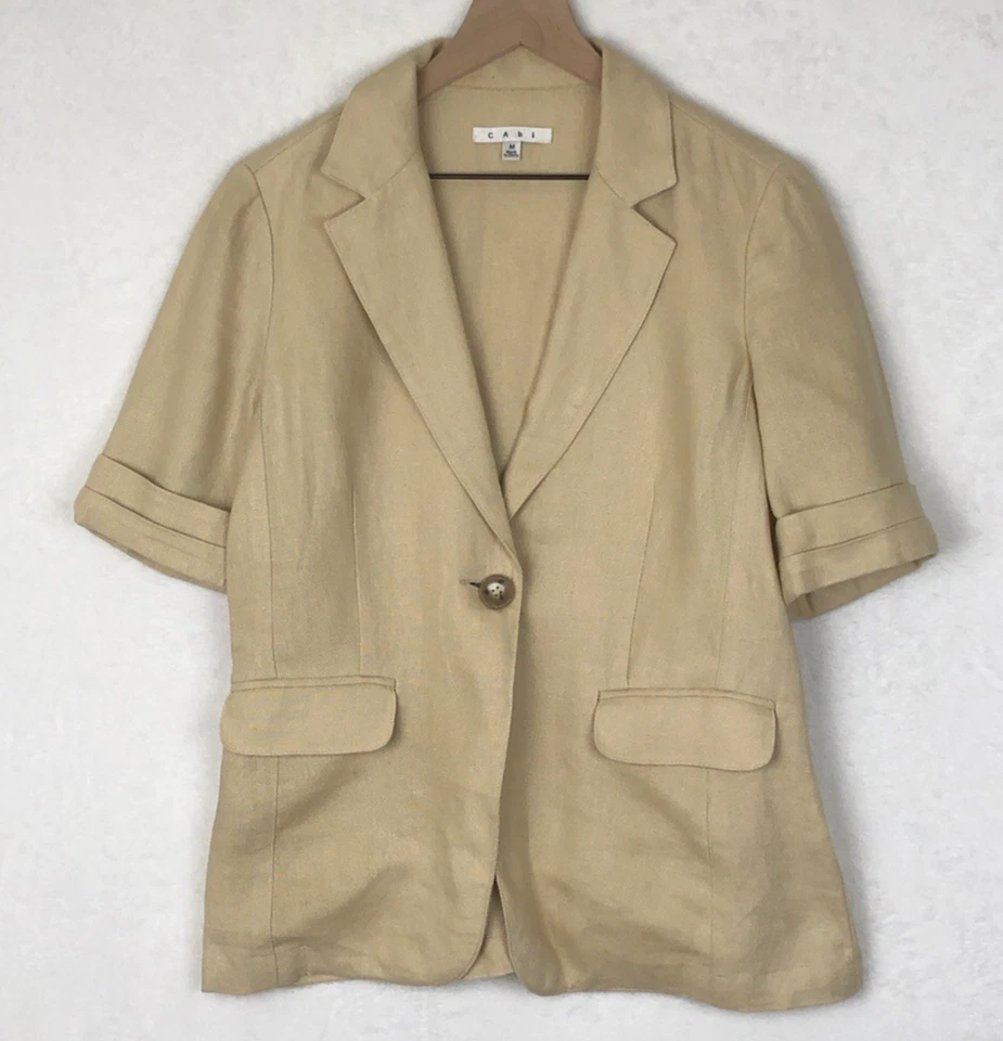 CABI 100% Linen Ruffled Back Blazer Jacket Sz M Beige Pockets One Button S/S - Image 1 of 4