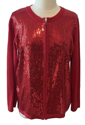Quacker Factory M Red Sequin Cardigan Front Zip Red Stone Bezel Set STUNNING! - Image 1 of 4