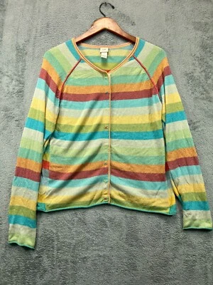 J Jill Sweater Cardigan Sweater Womens Medium Green Stripe Snap Long Sleeve - Image 1 of 4