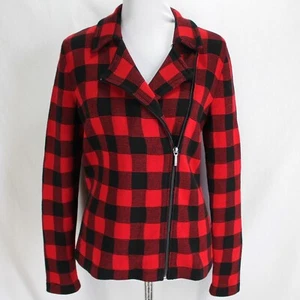 Chaps Knit Moto Jacket Womens Size M Red Black Buffalo Check Zip Front Sweater - Picture 1 of 7