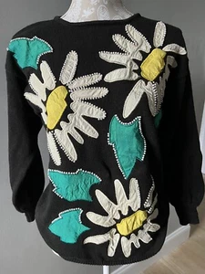 Vintage L'Eau Vive Pearl Daisy Applique Sweater / Med Black Pullover Knit /1980s - Picture 1 of 13