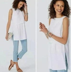 J.JILL White Eyelet Lace Overlay layered tunic Size XS Women’s Casual Sleeveless - Picture 1 of 10