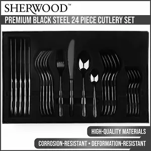 Sherwood Home Dining Premium Black Steel 24 Piece Cutlery Set Knife Fork Spoon - Picture 1 of 5