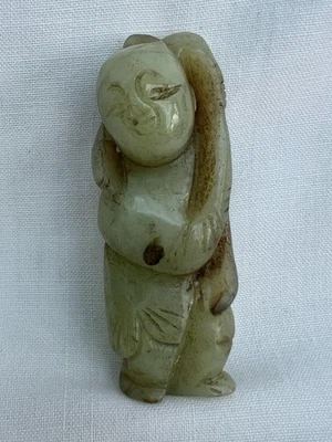 Fine 20th Century Chinese Pale Celadon Jade Carving of a Young Boy With Staff. - Image 1 of 4