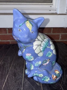 Vintage blaue Blumen Keramik handbemalt Floral Katze Made in China, 8" - Bild 1 von 6