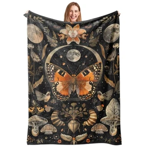 Orange Butterfly Moon Flower Throw Blanket, 320gsm Boho Mushroom Blanket Fluf... - Bild 1 von 7