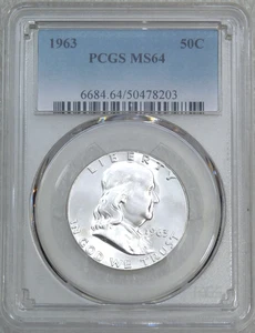 1963 P Franklin Half Dollar PCGS MS64 95% Bell Lines Frosty White PQ #Q140N - Bild 1 von 4