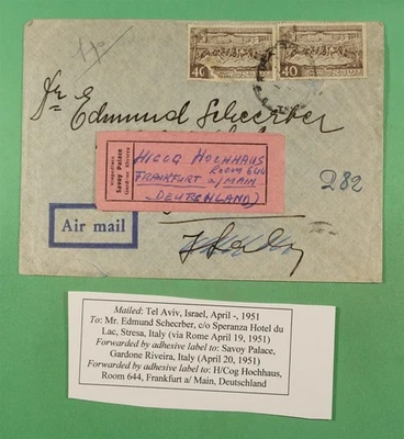 DR WHO 1951 ISRAEL TO ITALY HOTEL FORWARDING LABEL  M62232 - image 1 of 3