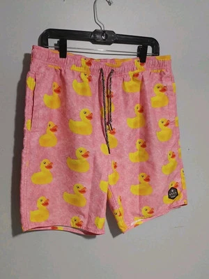 Neff Pink w/Yellow Rubber Ducks Swim Trunks Drawstring Waist Men's Size L (E4) - Image 1 of 4