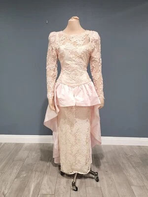 Vestido vintage LILLIE RUBIN rosa pálido encaje lentejuelas satinado lazo grande espalda 4/6 Foto 1 de 4
