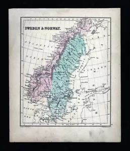 c 1858 Atlas Map Sweden Norway Stockholm Christiansand Bergen Lapland Baltic Sea - Picture 1 of 4