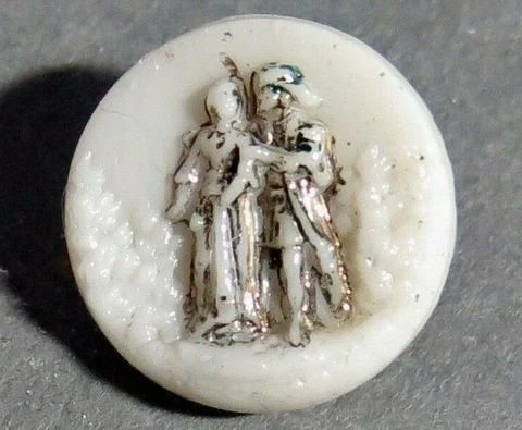 Antique Light Grey Glass Couple Button, Lucy & Edgar, Gold Lustre Cover