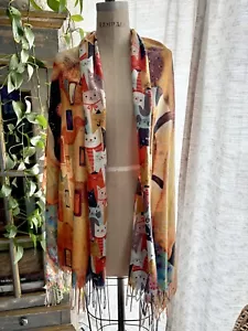 Pashmina Scarf Cat Gustav Klimt Print Fringed Purchased in UK Super Soft NWOT - Picture 1 of 8