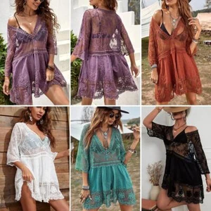 V-neck Lace Embroidered Sunscreen Jacket, Bikini Swimsuit, Shirt Cover X4W3 - Picture 1 of 28