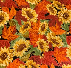Autumn Sunflower & Maple Leaf Fabric - Black or Teal - 100% Cotton - Picture 1 of 12