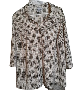 Catherines Button up Blouse, 3/4 sleeve, Brown, White size 1X - Imagen 1 de 5
