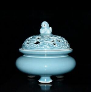 China Old Hand painting sky blue glaze carving cloud pattern incense burner 