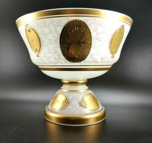 Antike Tschechoslowakei Böhmisch Satin Weiß Glas 24K Gold Medaillon Obstschale - Bild 1 von 12