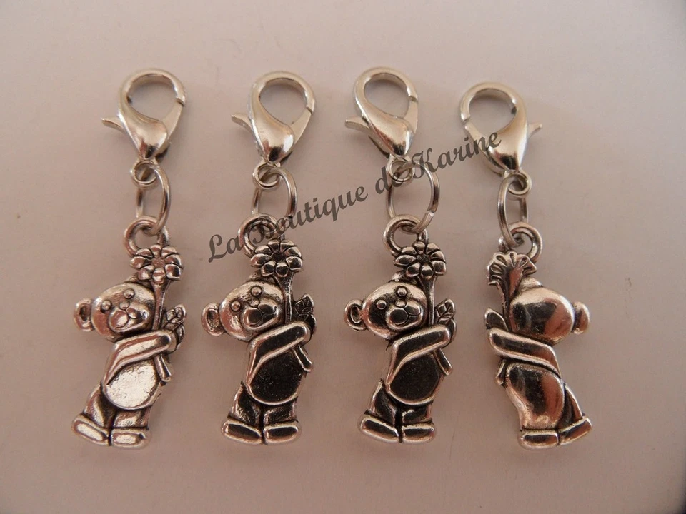 4 Charms Ciondolo Orso E Fiore Metallo Argento A Fermaglio - Bracciale Perline - Immagine 1 di 1