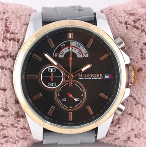 Tommy Hilfiger Men Chronograph Black Dial Working Wristwatch Gray Rubber Band - Picture 1 of 9