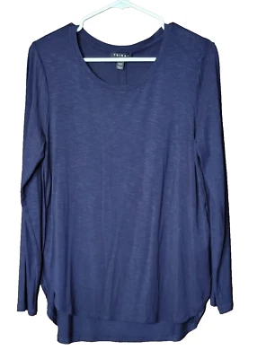 Tribal women's Navy Tunic Long sleeve Sz M - Curved hem, slits, buttons, Stretch - Image 1 of 4