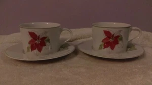 Block Spal Watercolors set of 2 teacups & saucers Poinsettia pattern OH1113 - Picture 1 of 4