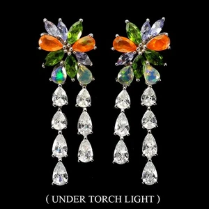 925 Sterling Silver Earrings Pear Orange Opal Tanzanite Natural Gemstone Jewelry - Picture 1 of 14