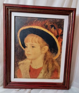 Stampa incorniciata Auguste Renoir "Ragazza con cappello blu" cornice legno vintage su tela - Foto 1 di 8