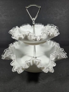 Fenton Silver Crest Milk Glass 2-Tier Ruffled Edge Tidbit Tray Server 10in - Picture 1 of 13