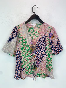 Topshop Multicolour Daisy Patch Top Tunic V Neck Tie Front Short Sleeves UK10 - Picture 1 of 7
