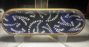 Hand Worked Wood Plate  w/ Blue & White Pattern Under Enamel Glaze (13”L x 4”W) - Picture 1 of 7