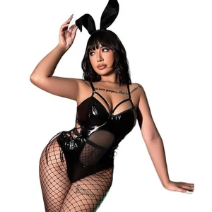 New 2XL Vegan Leather Black Bunny Bodysuit Halloween Costume Set Cosplay - Picture 1 of 6