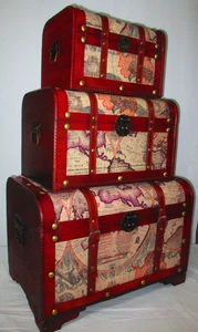 3 Small Wooden Storage Trunks and Chests, Living Room Decor Suitcases - Picture 1 of 9