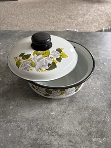 Vintage Blumen Emaillegeschirr Soßentopf mit Deckel 1 Qt./4 Tassen 70er Jahre - Bild 1 von 12