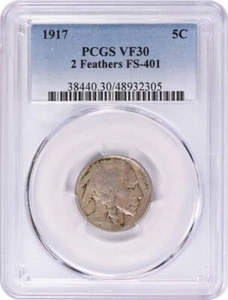 1917 Buffalo Nickel FS-401 2 Feathers VF30 PCGS - Picture 1 of 2