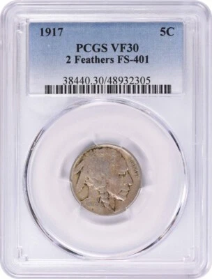 1917 Buffalo Nickel FS-401 2 Feathers VF30 PCGS - Image 1 of 2