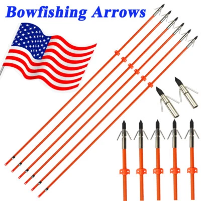 6Pcs Fiberglass Bowfishing Arrows Broadheads with Safety Slides Archery US 2021 - Image 1 of 4