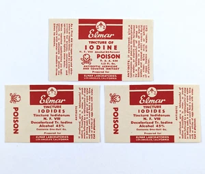3 etichette veleno vintage tintura iodio Elmar Elmar Labs Los Angeles California - Foto 1 di 6