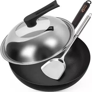 12.5 Inch Carbon Steel Wok for Electric, Induction and Gas Stoves (Lid, Spatula - Picture 1 of 7
