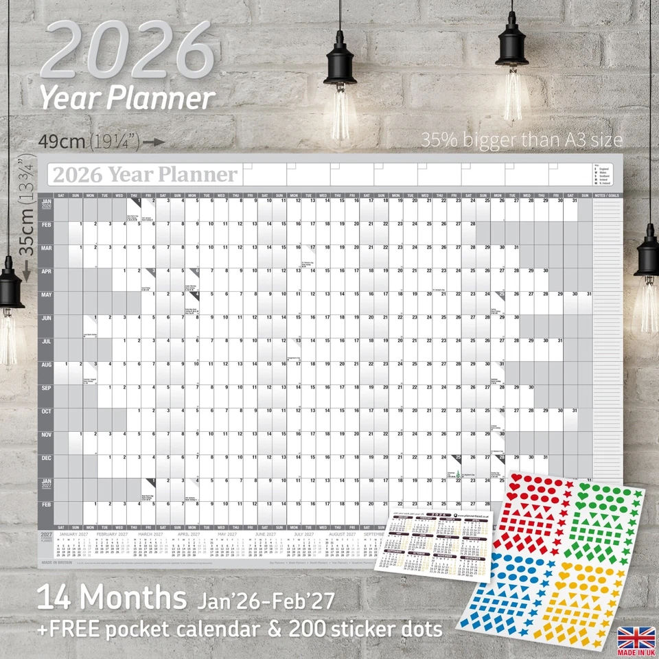 PLANNER HEAD 2026 Yearly Planner Annual Wall Chart Calendar Year Planner + 200 Sticker Dots