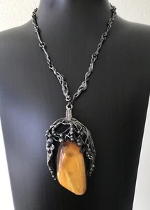 MASTERPIECE ANTIQUE BALTIC EGG YOLK BUTTERSCOTCH AMBER SILVER PENDANT NECKLACE - Picture 1 of 13
