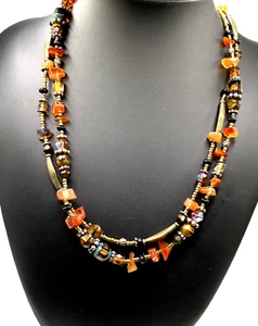 Vintage Chico's Double Strand Necklace Agate & Faceted Glass Beads Brass Spacers - Picture 1 of 10